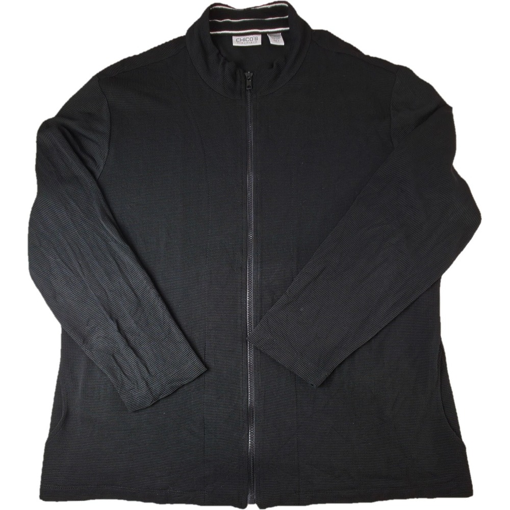 Chico's Travelers Full Zip Jacket Women 3 Black Waffle Knit Mock Neck